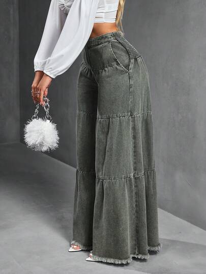 SHEIN SXY Women's Loose Boyfriend Style Distressed Hem Patchwork Denim Jeans