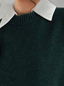Elenzga 大码纯色简约圆领毛衣裙 - 墨綠色 - 查看 3