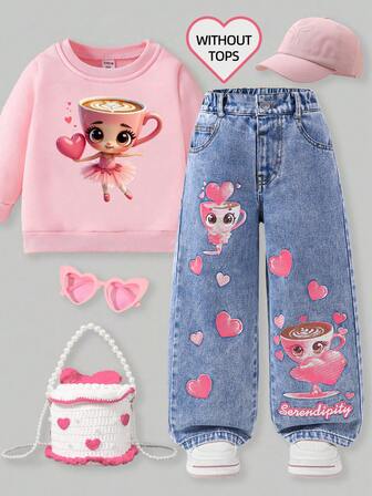 Jeans casuales anchos y sueltos con bolsillo y estampado de copos de nieve de dibujos animados para niña de moda