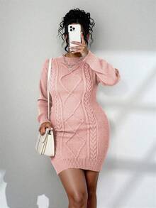 Elenzga Plus Size Solid Color Fitted Knit Dress, Casual For Autumn/Winter - Coral Pink - View 4