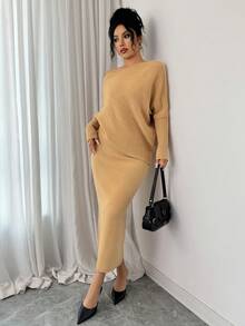 SHEIN Elenzya 2 件套优雅蝙蝠袖套头衫和裙子套装，通勤装，秋冬 - 黃色 - 查看 8