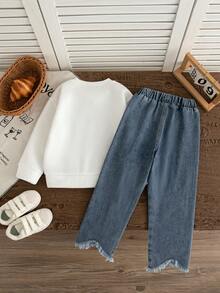 2 件套年轻女孩秋季长袖运动衫和破洞阔腿牛仔裤休闲装，时尚街头服饰 - 彩色 - 查看 2