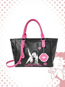 Betty Boop | ROMWE Bolso de viaje de cuero suave con figura de dibujo animado rosa, bolso de fitness y transporte para mujer, bolso de bombardera con ojetes
