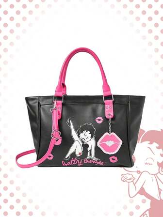 Betty Boop | ROMWE Bolso de viaje de cuero suave con figura de dibujo animado rosa, bolso de fitness y transporte para mujer, bolso de bombardera con ojetes