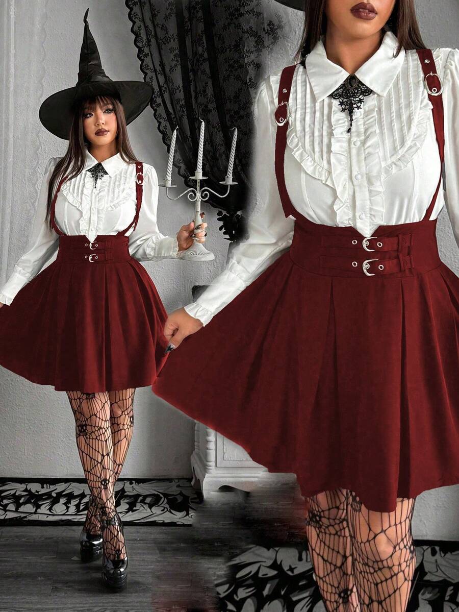 Whyspr Vestido de manga larga de estilo gótico con contraste de color para tallas grandes - Burdeos - Ver 1