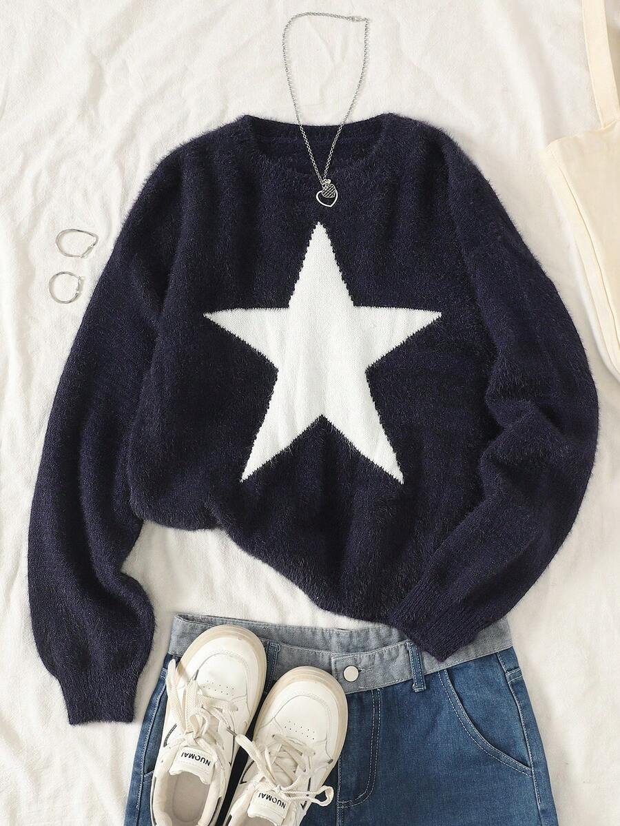 SHEIN Teen Girl Star Pattern Round Neck Drop Shoulder Sweater, Casual Everyday Wear, Autumn/Winter