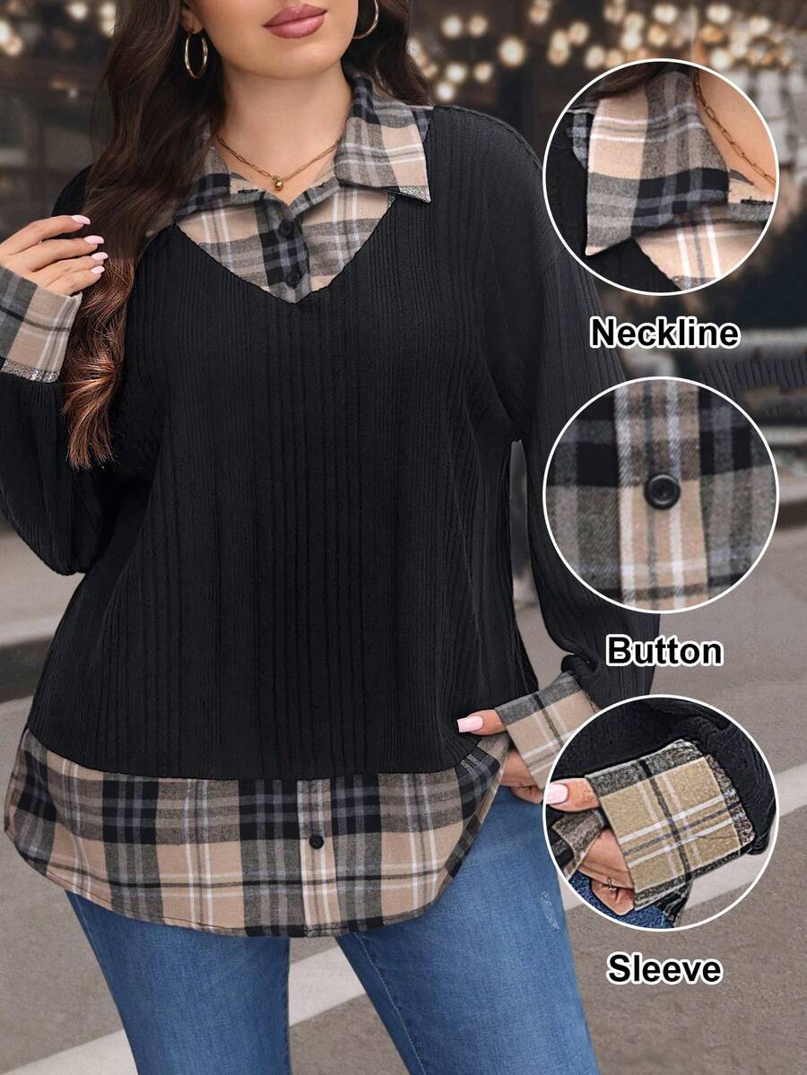 SHEIN LUNE 大码女式休闲/工作通勤罗纹针织格子拼接二合一上衣，春秋季