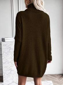 EMERY ROSE Women's Solid Color Turtleneck Batwing Long Sleeve Casual Loose Knit Sweater Dress, Autumn/Winter - Brown - View 2