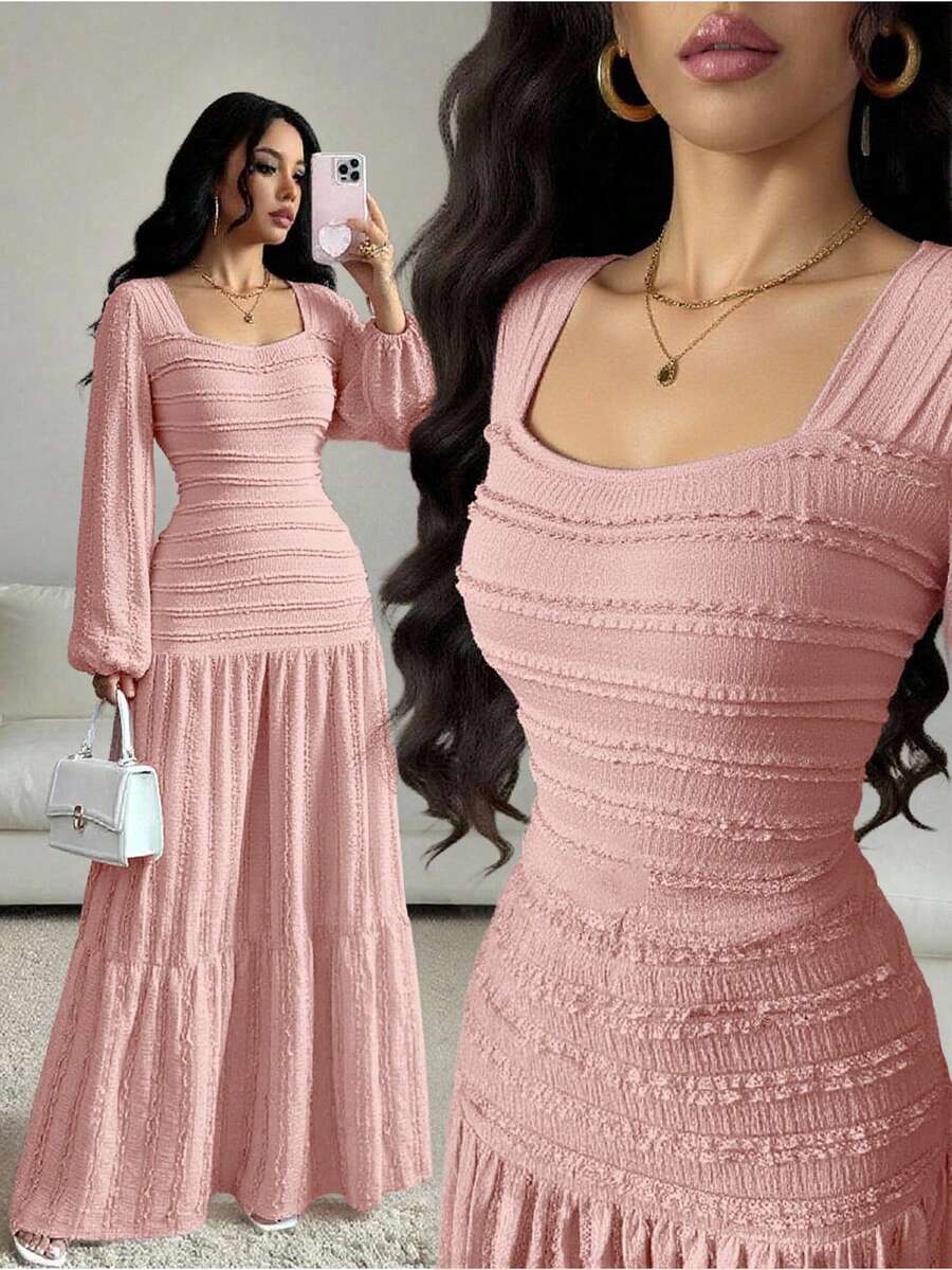 Modelyn Elegant Women's Long Sleeve Flared Dress With Jacquard Striped Textured Pattern In Pink