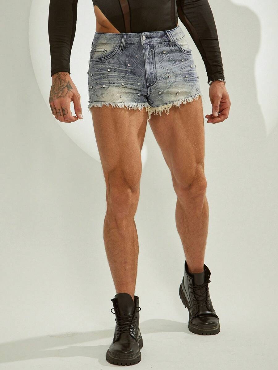 FeverCity Men's Fashion Frayed Pocket Rhinestone Denim Shorts - Baby Blue - View 1
