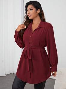 Firerie Plus Patched Pocket Belted Shirt Spring To Summer - Burgundy - View 4