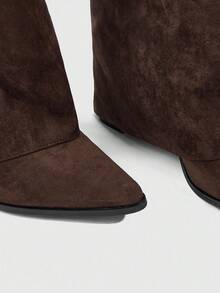 CUCCOO SZL Women's Pointed Toe Chunky Heel Suede Western Boots With Fringe, Slim Fit Tall Boots