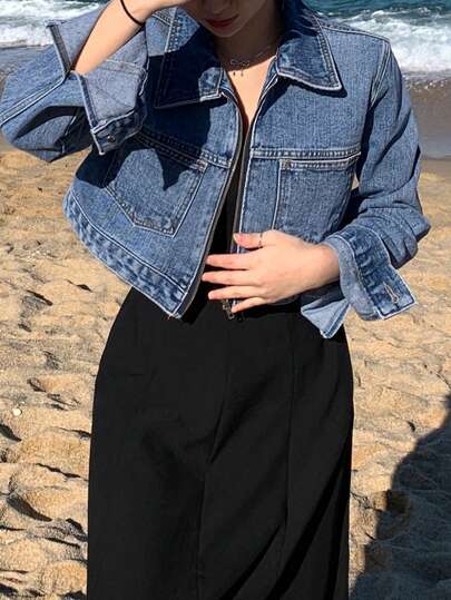 DAZY Women's Vintage Washed Denim Jacket, Turndown Collar Zipper Closure Denim Outerwear