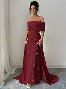 Elenzga 女士优雅奢华亮片缀饰露肩高开衩连衣裙，万圣节、圣诞节、沙特国庆节、新年派对、毕业典礼、婚礼、角色扮演的正式礼服，黄色拉链 - 酒紅色 - 查看 3