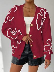 Chiquease Cardigan Wanita Bermotif Bunga, Modis untuk Musim Gugur/Dingin - Merah - View 6