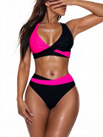 SHEIN Swim Women's Contrast Color Backless High Waist Sexy Holiday Bikini Set Summer Beach Two Pieces Swimsuit