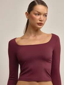 MUSERA Slinky Square Neck Fitted Long Sleeve Top Elegant Autumn Fall Winter Night Out Work Cute Gallerie Spring Summer - Burgundy - View 2