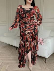 Modelyn Plus Size Floral Print Square Neck Long Sleeve Dress - Black - View 3