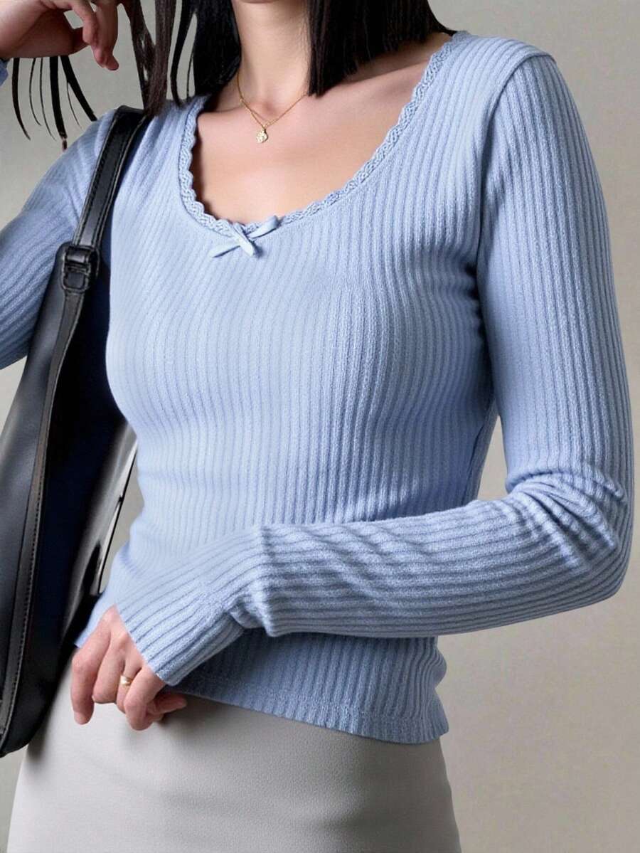 SHEIN 少女纯色蕾丝拼布蝴蝶结装饰休闲长袖T恤 - 淺藍色 - 查看 1
