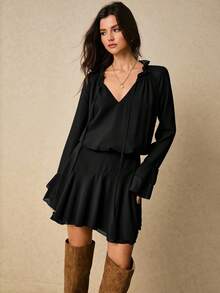 Poéselle Women's Elegant Solid Color Bell Sleeve Short Dress, Autumn Black Dresses For Women Black Long Sleeve Dress Black Western Dress Black Mini Dresses Women Mini Dresses - Black - View 4