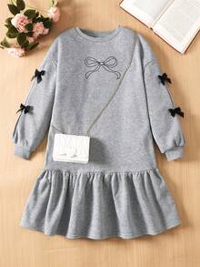 Tween Girl Loose Casual Comfortable Round Neck Long Sleeve Ruffle Contrast Bow Decor Dress, Winter - Royal Blue - View 2