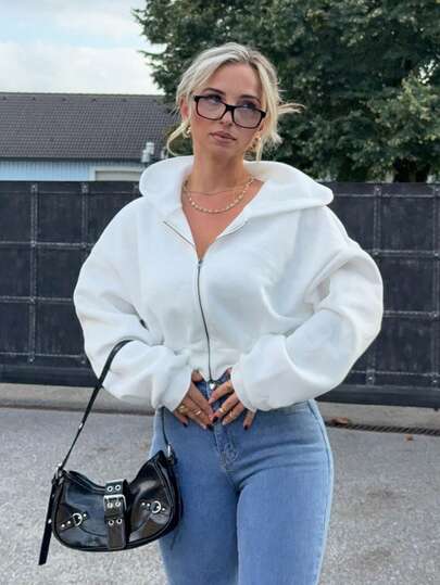 Jeta Ari Women's New Zipper Sweatshirt Jacket With Hood, Sports Style Short Sweatshirt For Autumn/Winter,Casual,White