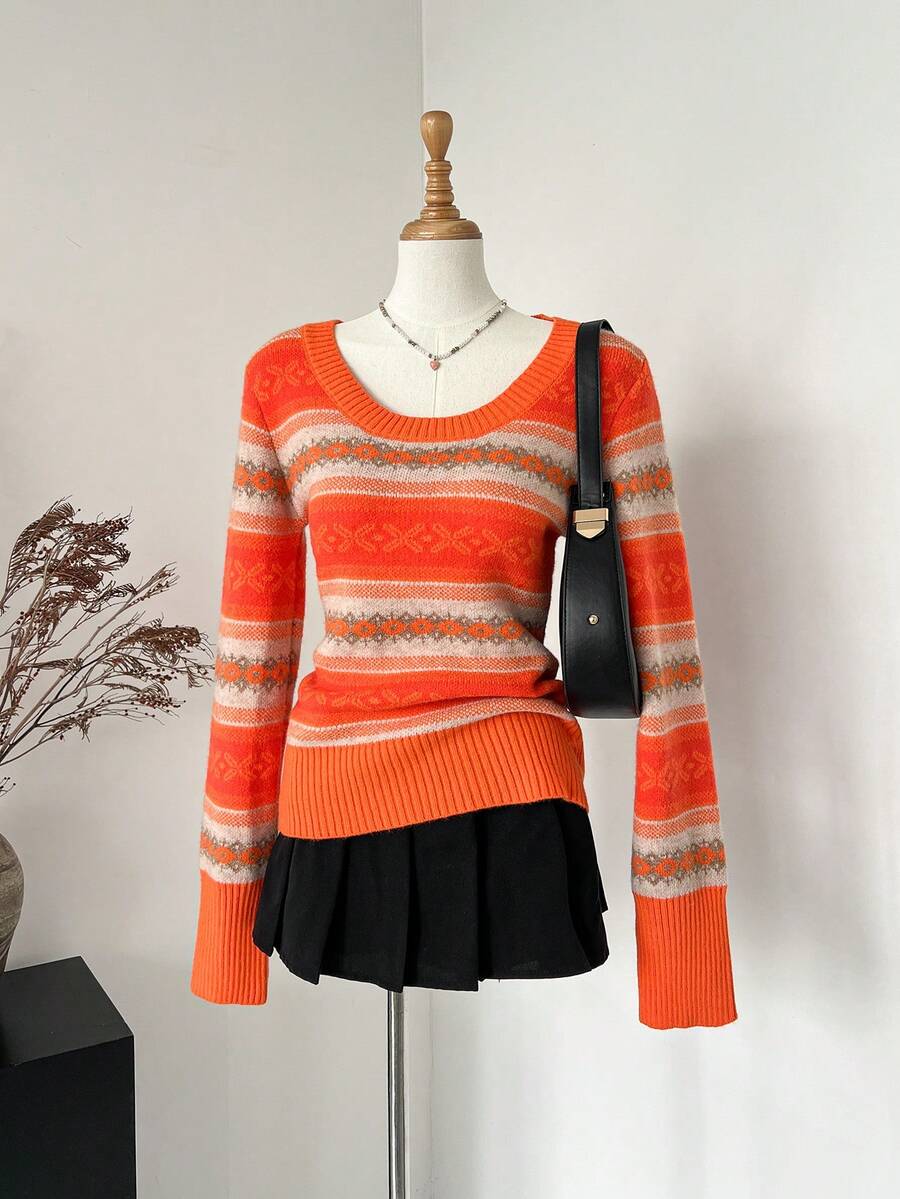 SHEIN LUNE 女士时尚修身彩色提花针织毛衣，秋冬 - 橘色 - 查看 1