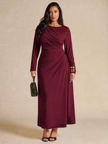 SHEIN BAE 大码女式优雅长袖褶皱连衣裙，黄色，秋冬 - 中紫紅色 - 查看 5