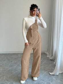 Elenzga Women's Solid Color Casual Corduroy Jumpsuit, Autumn/Winter - Khaki - View 3