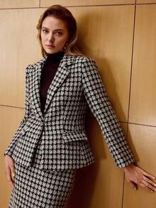 MOTF PREMIUM 女士优雅通勤格纹羊毛混纺花呢西装外套，冬季