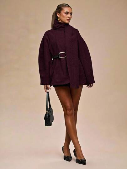 SHEIN BAE 优雅围巾、宽松腰带、束腰短款外套