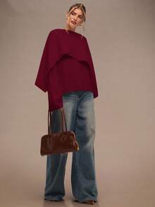 SHEIN BAE Women's Elegant Burgundy Solid Color Loose Knit Casual Pullover Sweater,Autumn Christmas Sweater,Red Top,Fall Winter Clothes For Dining - Burgundy - View 4