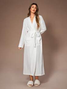 SHEIN 女士休闲简约提花纹理系带长袖睡袍，带口袋，冬季款 - 白色 - 查看 1