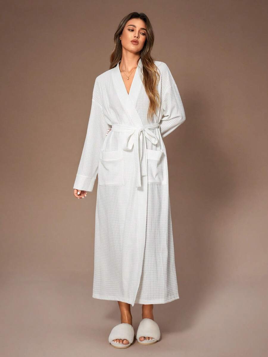 SHEIN 女士休闲简约提花纹理系带长袖睡袍，带口袋，冬季款 - 白色 - 查看 1