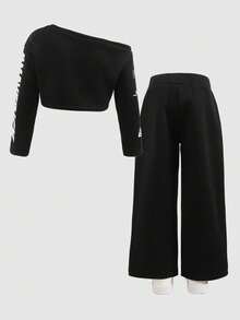 年轻女孩字母印花不对称肩长袖运动衫和阔腿裤休闲套装，秋季 - 黑色 - 查看 2