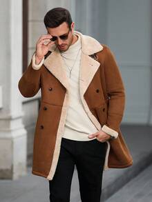 Manfinity Homme Áo khoác giữ nhiệt tay dài lót lông màu trơn cho nam, Thu Đông, Đi chơi thường ngày, Quà tặng cho bạn bè, chồng, bạn trai, Vải nhung kẻ - màu nâu - Xem 5
