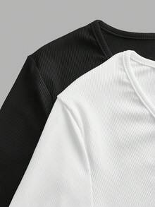 SHEIN EZwear 2 件女式深 V 领罗纹修身长袖 T 恤套装，休闲基本款套头衫，适合秋冬季，时尚，返校季，街头风格 - 彩色 - 查看 7
