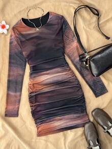 Teen Girl Tie-Dye Print Crew Neck Long Sleeve Ruched Fitted Fashionable Dress - Black - View 1
