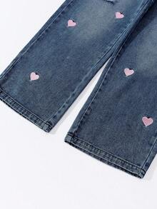 SHEIN Tween Girl Y2K 复古做旧宽松心形刺绣阔腿牛仔裤，适合日常休闲穿着、学校、通勤、聚会、返校季，2025 年秋冬 - 深色水洗藍 - 查看 7