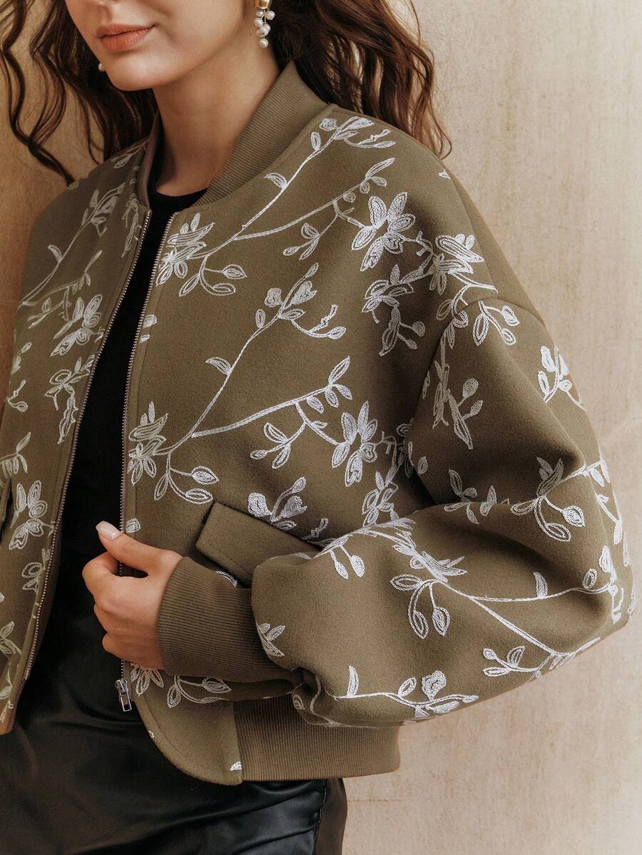 Anewsta Chaqueta de manga larga con cuello redondo, bordada, de manga larga acanalada y empalmada, para otoño/invierno - Verde Oliva - Ver 1