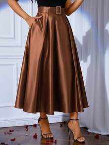 SHEIN Tall CURVE 大码纯色褶裥腰身优雅通勤裙 - 咖啡棕 - 查看 3