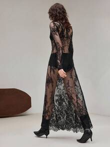 Ontre 2026SS New Arrival, Suitable For 5-15°C, Layering, Modern Urban Style, Black Lace Fabric, Waist-Cinching Fitted Silhouette, Women's Long Dress, Elegant Versatile Daily Wear, New Apparel Party Dress, Women's Spring/Summer Dress - Black - View 3