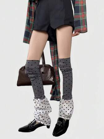 Kawaii 1 Coppia di Scaldamuscoli a Pois Grigi e Bianchi Estensibili a Strati, Scaldamuscoli Minimalisti alla Moda da Ragazza del Millennio Adatti per Uso Quotidiano, Scuola, Appuntamenti, Feste e Altre Occasioni