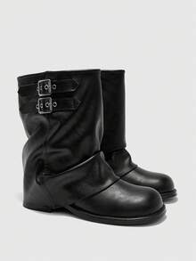 CUCCOO BIZCHIC 黑色中筒扣靴 | 可调节金属带 | 天然皱纹哑光皮革 | 舒适粗跟 | 2 双，高级皮革外观 - 黑色 - 查看 2