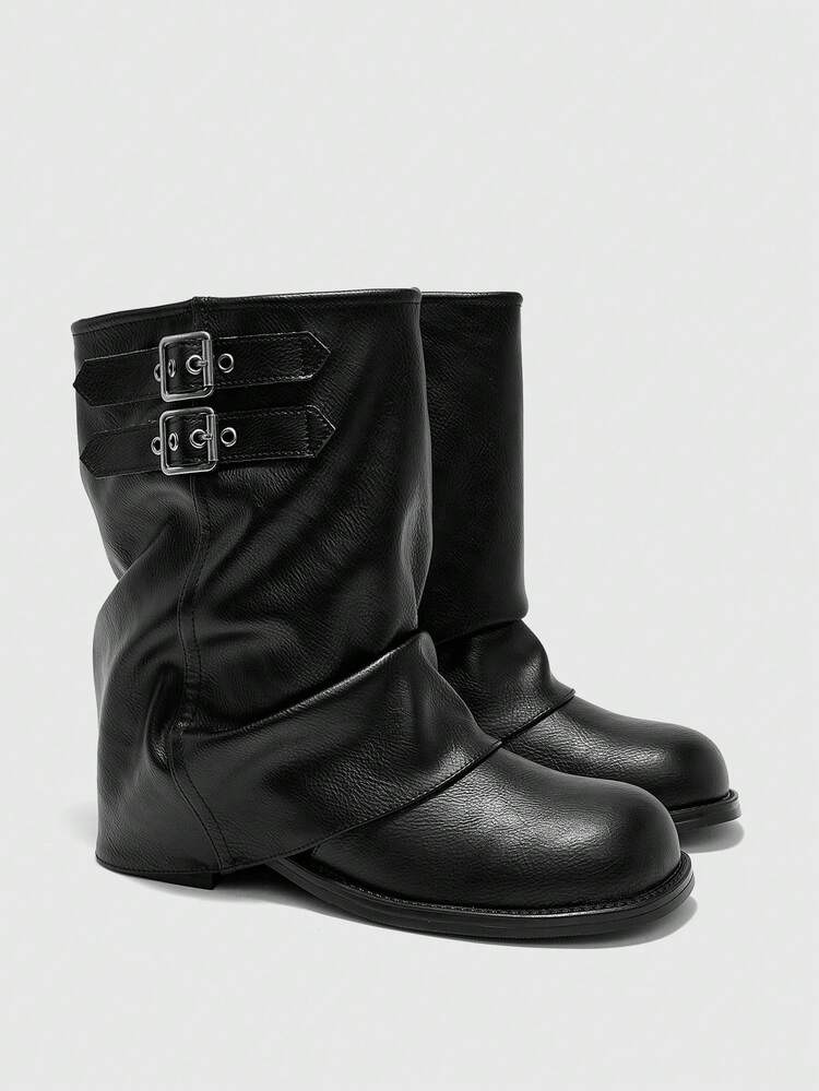 CUCCOO BIZCHIC Black Mid-Calf Buckle Boots | Adjustable Metal Strap | Natural Wrinkled Matte Leather | Comfortable Chunky Heel | 2 Pairs, Premium Leather-Look