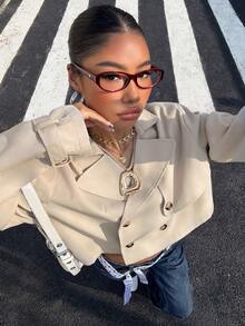 Muchica Veste courte croisée en couleur unie abricot pour femmes en automne/hiver - Nude - Voir 5