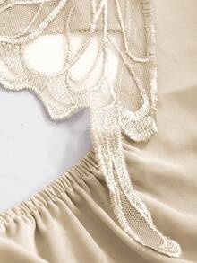 DAZY 女士蝴蝶刺绣露背吊带性感睡袍 - 杏色 - 查看 6