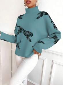 SHEIN Clasi Pull ample décontracté à col montant, manches longues et épaules tombantes, motif léopard, pour femmes. Automne/Hiver - Bleu azur - Voir 6