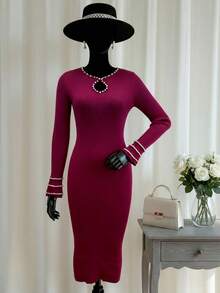 Franclia 女式纯色仿珍珠装饰锁孔领长袖修身优雅针织连衣裙 - 酒紅色 - 查看 5