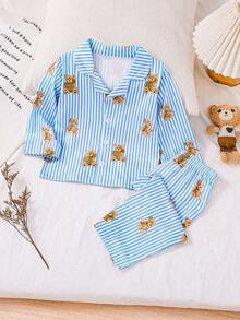 2pcs Young Boy Casual Striped Bear Print Long Sleeve Top And Pants Pajama Set - Blue - View 3